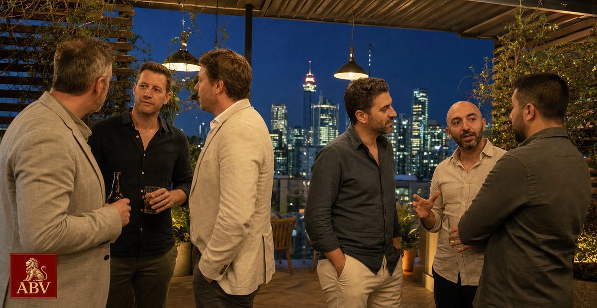 ABV members talking at a rooftop club event over the Sydney skyline at night
